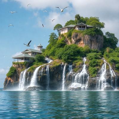 The primary subject of the image is a large island with a waterfall cascading down its side. The island is surrounded by a body of water, and there are several birds flying around the area. The setting appears to be a tropical environment, with the island being a prominent feature in the scene. The visual style of the image is a combination of photo and digital art, creating a vibrant and lively atmosphere. The colors and mood of the image are predominantly blue and green, with the waterfall adding a sense of